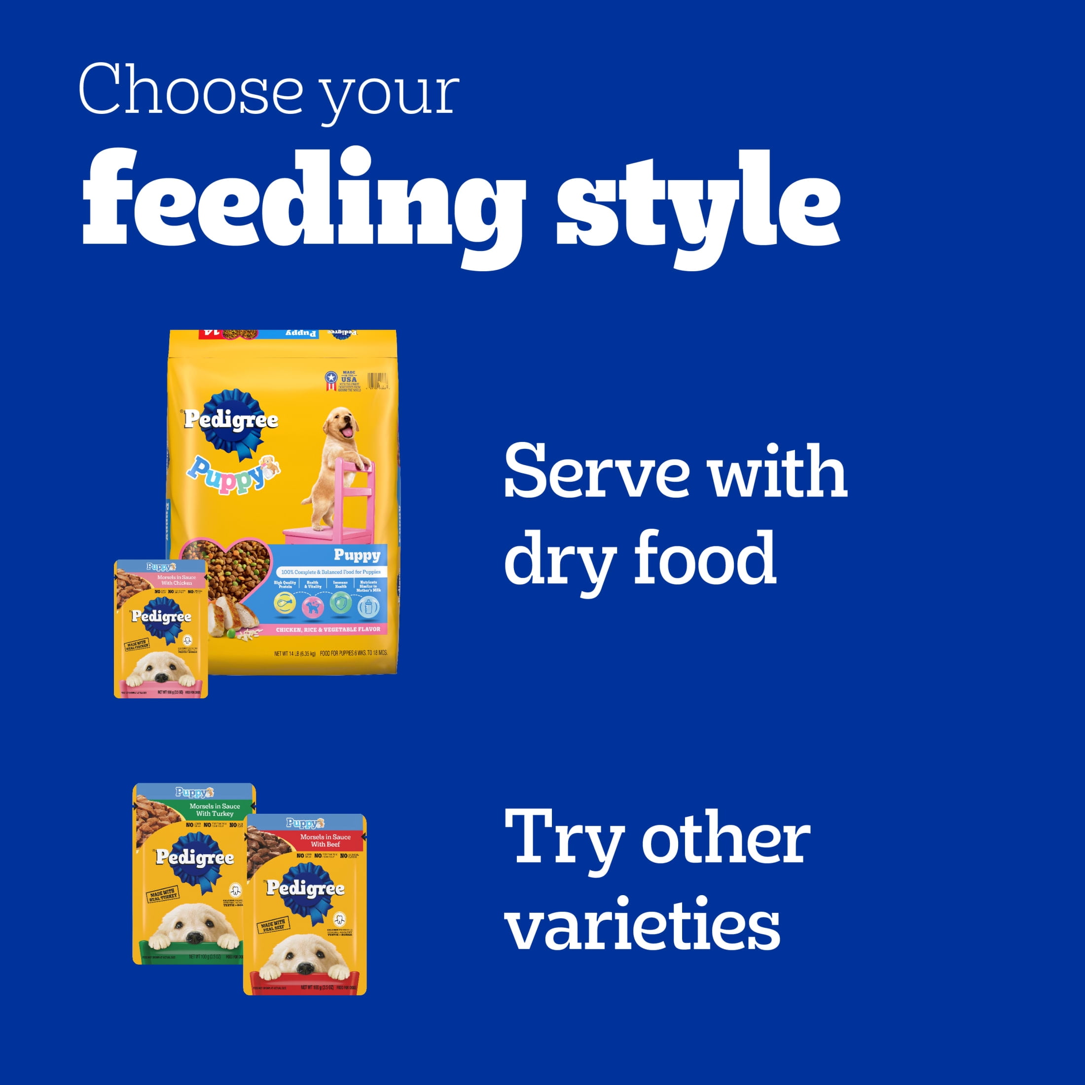 (6 pack) Pedigree Puppy Food Morsels in Sauce, Wet Dog Food, Chicken Flavor, 3.5 oz. Pouches