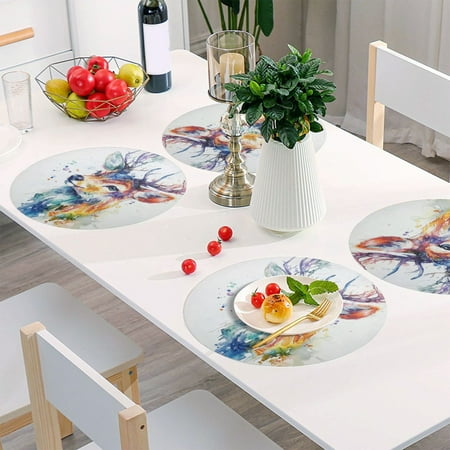 

Round Grid Placemat One Sizex4 Round Placemat PVC Plate Mat，15.4 Inch Non-Slip and Heat Resistant Table Placemat Dining Room Placemat Colored Watercolor Deer