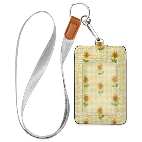 PU Leather Badge Holder Lightweight ID Card Holder with Window Pocket Little Sunflower Pattern