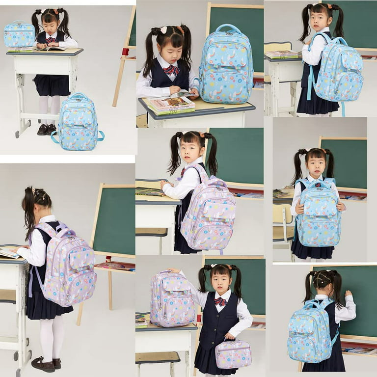 Petmoko School Backpack for Girls,Cute Rainbow-Print Backpacks with Lunch Box,Kids School Bag Bookbags for Elementary Preschool(Blue), Girl's, Size