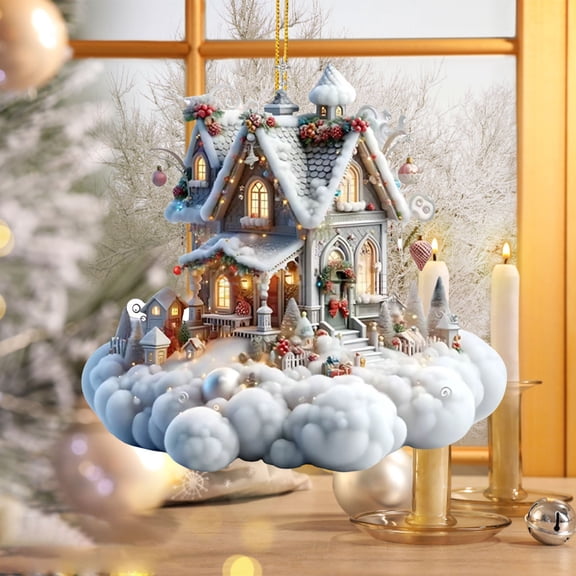 Clearance Under $1, 1 Pcs Christmas House Santa Flat Ornament, 2D Hanging Decor, Acrylic Pendant for Tree and Holiday Decoration, 8cm(D)