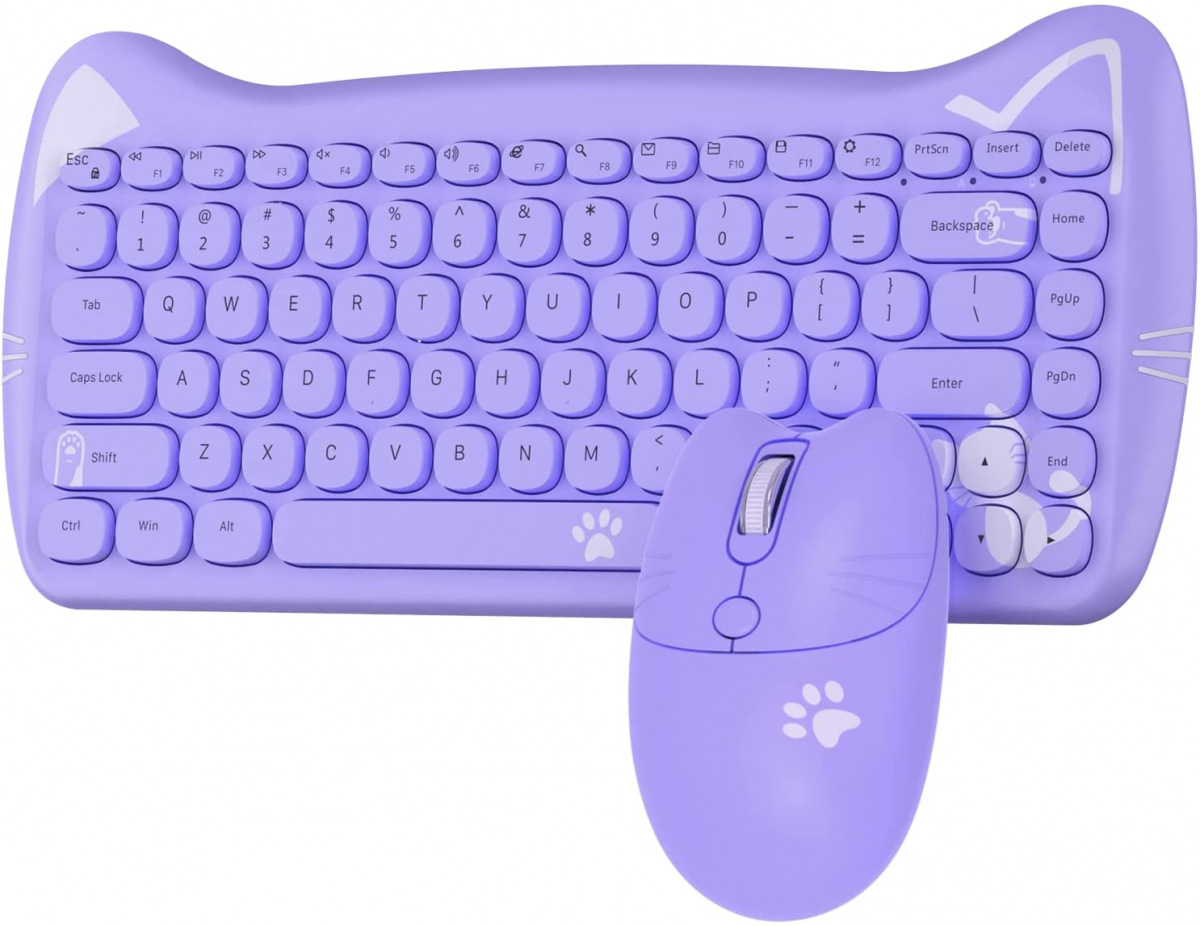 A3060 Cute Cat Purple Combo, 2.4G Wireless Keyboard Mouse Set, 84 Keys