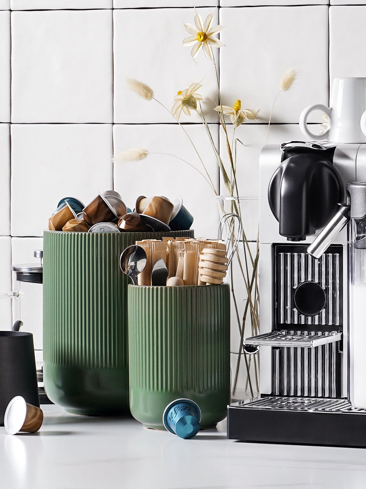 LE TAUCI Set of 2 Ceramic Utensil Holders, Large and Small Kitchen Crocks for Cooking Utensils, Countertop Organizer & Decorative Vase, Forest Green Utensil Holder