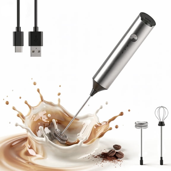 M Buder Milk Frother, Handheld Foam Maker and Electric Egg Whisk, 3 Speed Rechargeable Coffee Frother Wand with 2 Detachable Whisks, Silver