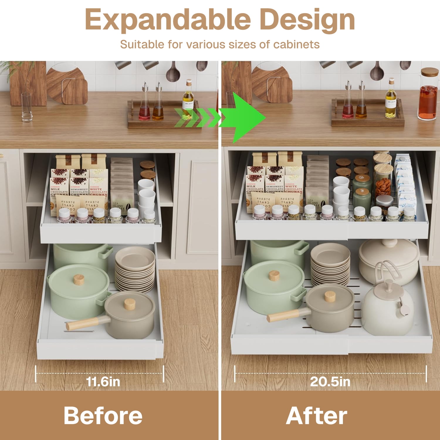 Behome 2 Pack Pull out Cabinet Organizer, Expandable (11.6"-20.5") Slide out Drawers Upgrade 3 Slide Rails, Roll out Shelf Storage for Kitchen Cabinet Organizer with Adhesive Nano Film, White