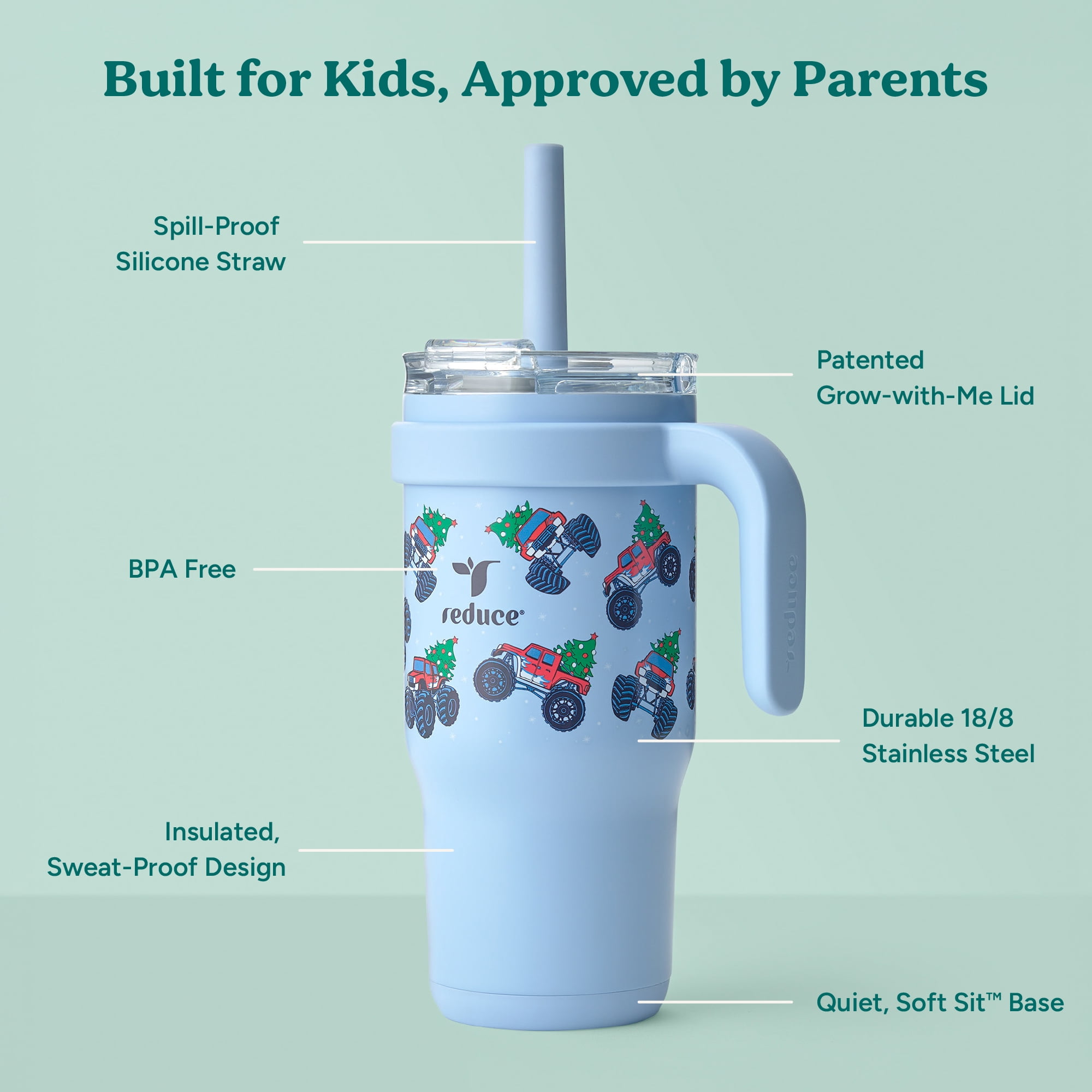 Reduce Coldee Kids Tumbler with Spill-Proof Straw & Handle. Insulated Stainless Steel 18 oz, Santa Jam
