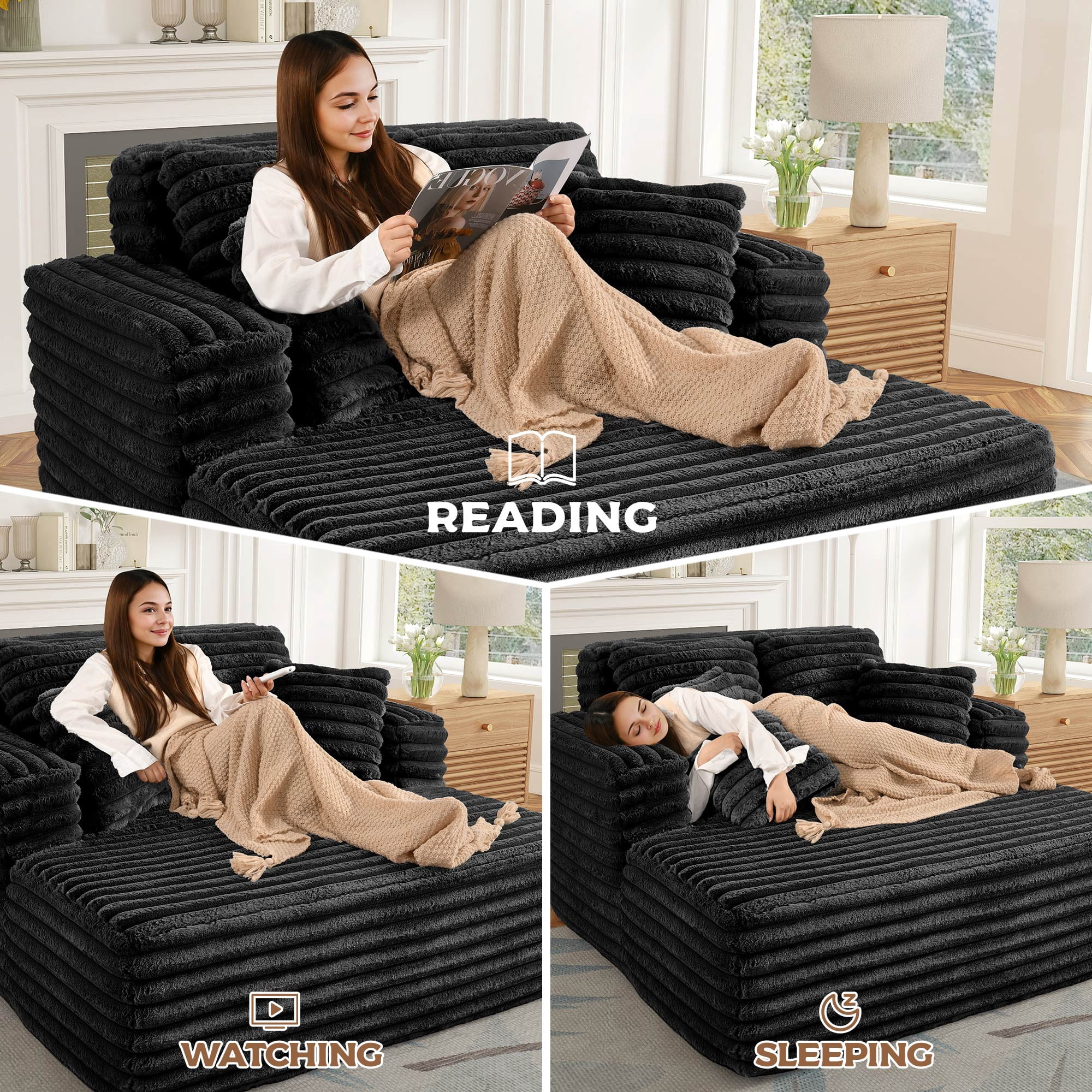 Muumblus Oversized Chaise Lounge Chair Indoor Furniture, No Assembly Required, Plush Corduroy Upholstered Sofa Bed Cozy Sleeper Couch for Living Room, Bedroom, Black