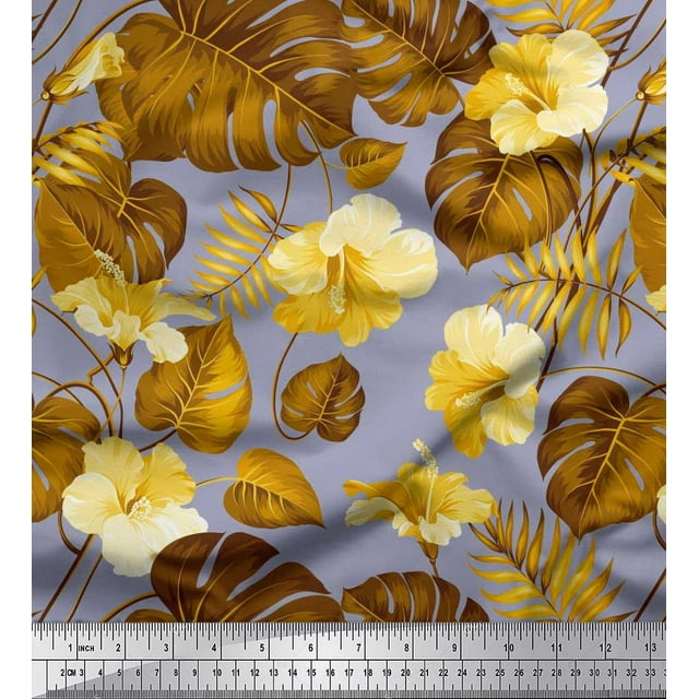 Soimoi Polyester Crepe Fabric Floral & Leaves Tropical Decor Fabric Printed Yard 52 Inch Wide