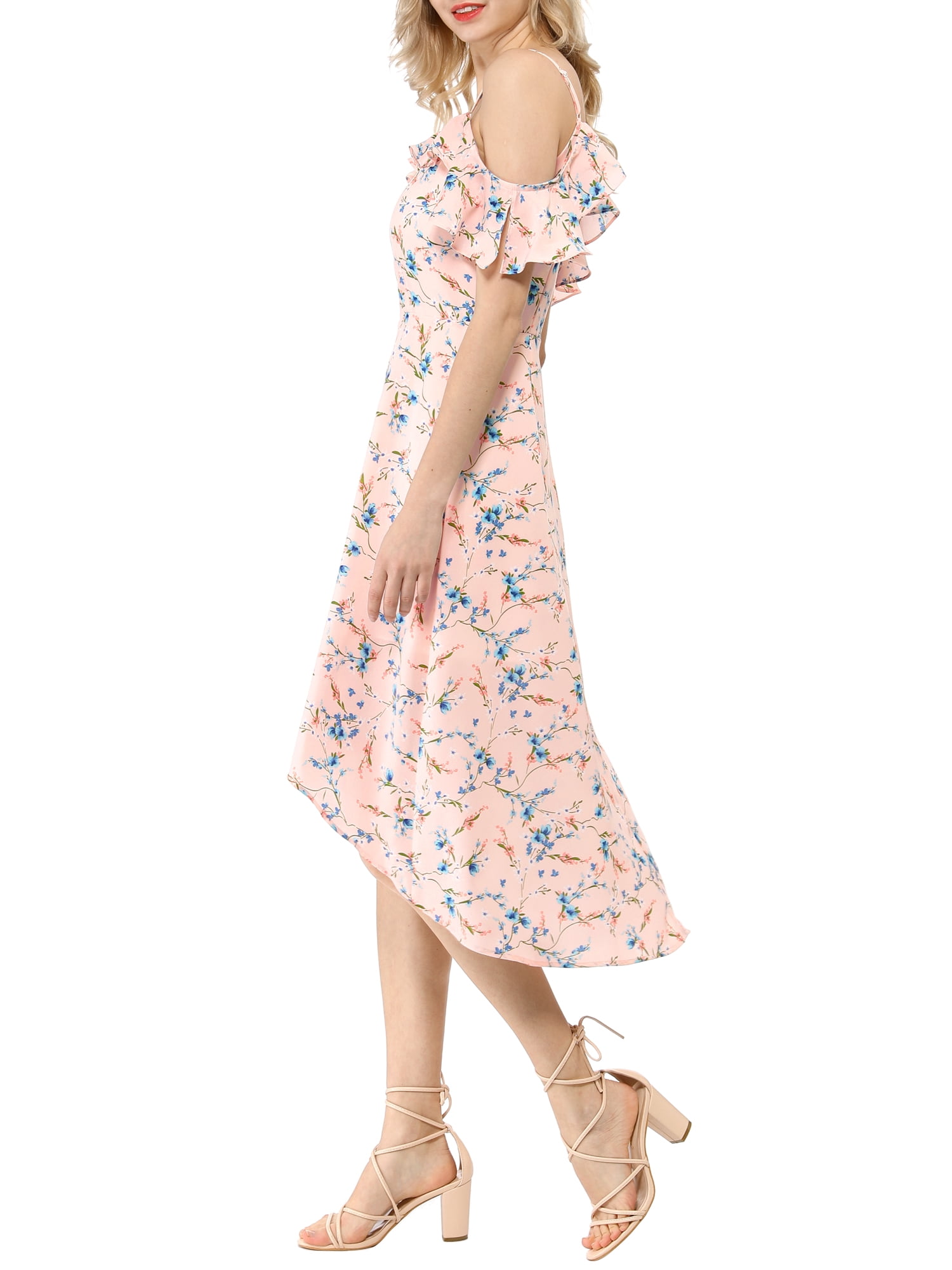 DARING DIVA Floral Spaghetti Straps Ruffled Sleeve Midi Dress S Pink