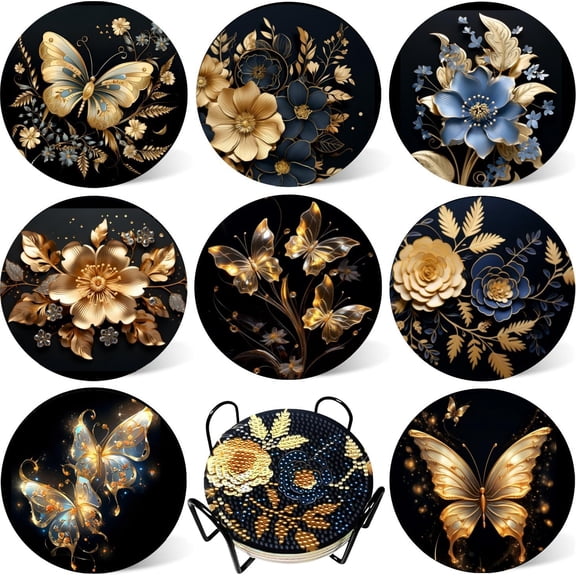8 Pcs Butterfly Diamond Painting Coasters Kits with Holder,Diamond Art Coasters Set for Drinks Coffee Table, Gem Painting kit for Beginners ults DIY Art Craft Gifts Black Gold Decors (Butterfly)