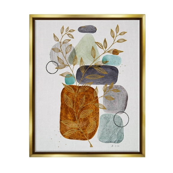 Stupell Industries Modern Pebbles & Botanicals Botanical & Floral Painting Gold Floater Framed Art Print Wall Art, 17 x 21