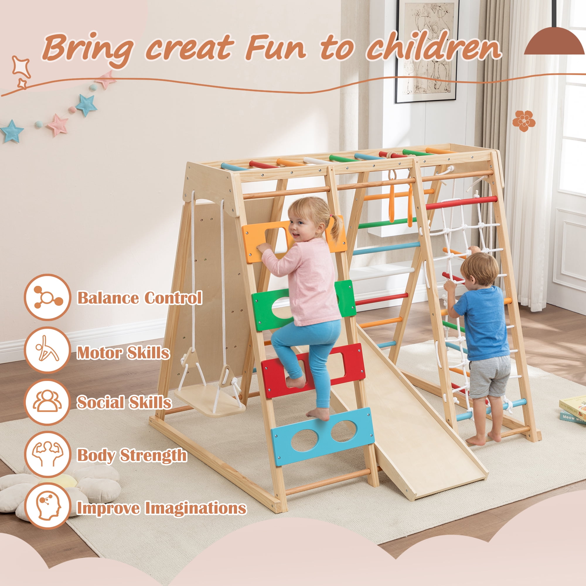 EUROCO 9-in-1 Wooden Jungle Gym for Toddlers, Indoor Montessori Climbing and Slide Set with Climbing Rock, Climbing Net, Swing, Gymnastics Rings