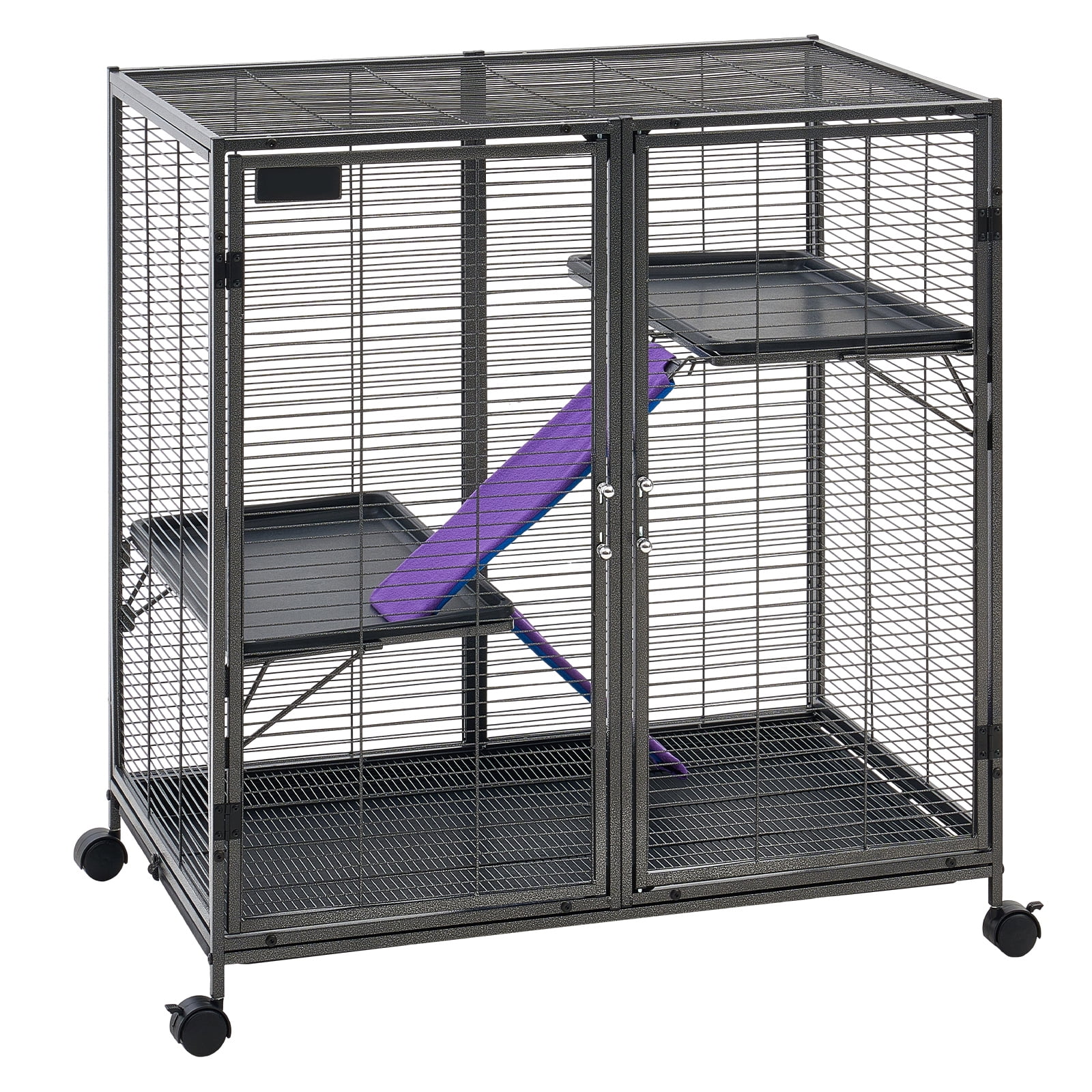 KFFKFF Metal 3-Tier Small Animal Cage with Wheels, 37.8"H Rolling Habitat with Ramps, Platforms, Tray & Doors for Ferrets, Chinchillas, Sugar Gliders, Guinea Pigs & Rabbits, 0.55" Wire Spacing