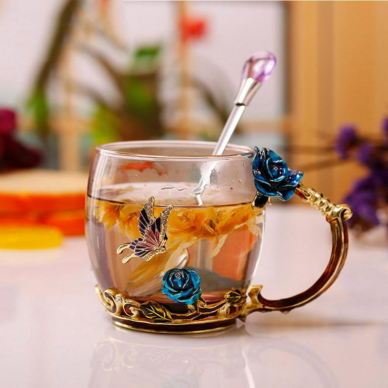 Beauty And Novelty Enamel Coffee Cup Mug Flower Tea Glass Cups for Hot and  Cold Drinks Tea Cup Spoon Set Perfect Wedding Gift