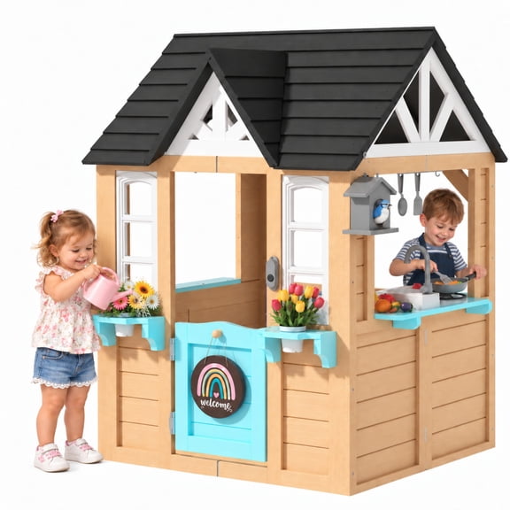 Oswerpon Wooden Outdoor Playhouse for Kids Ages 3-8, Backyard Playhouse with Pretend Play Kitchen, Birdhouse, Flowerpot Holders & Mud Molds,Brown