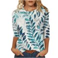 thumbnail image 4 of JTZGDY Womens Tops Dressy Casual Floral Printed Summer 3/4 Length Sleeve Crewneck Front Ruched Pleated T-Shirts Loose Lightweight Comfy Graphic Tunic Blouse Green S, 4 of 7