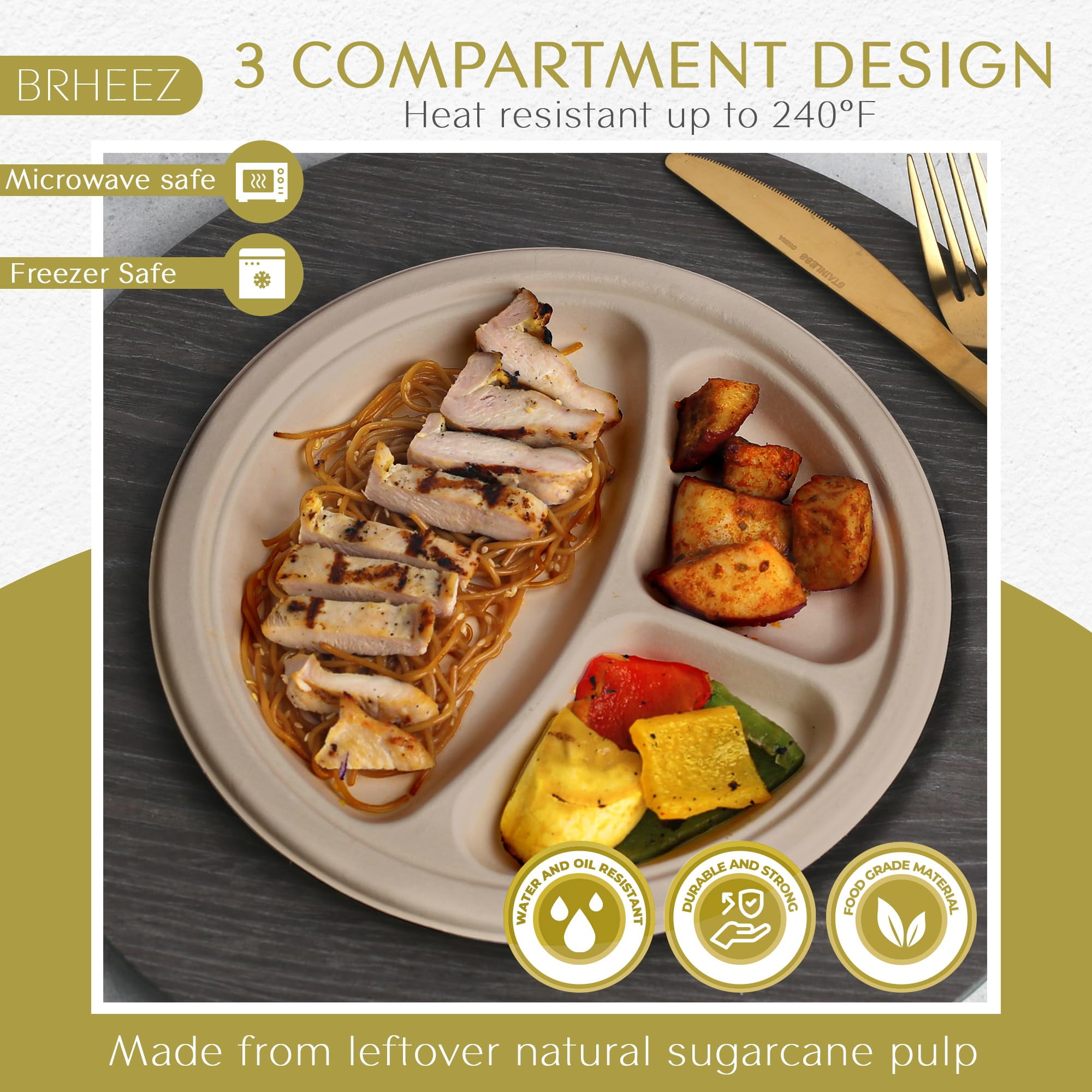brheez Heavy Duty Compartment Disposable Plates AFN19 Inch 60 Plates Eco-Friendly 100% plant Fiber Biodegradable Compostable Paper Plates Alternative - Natural