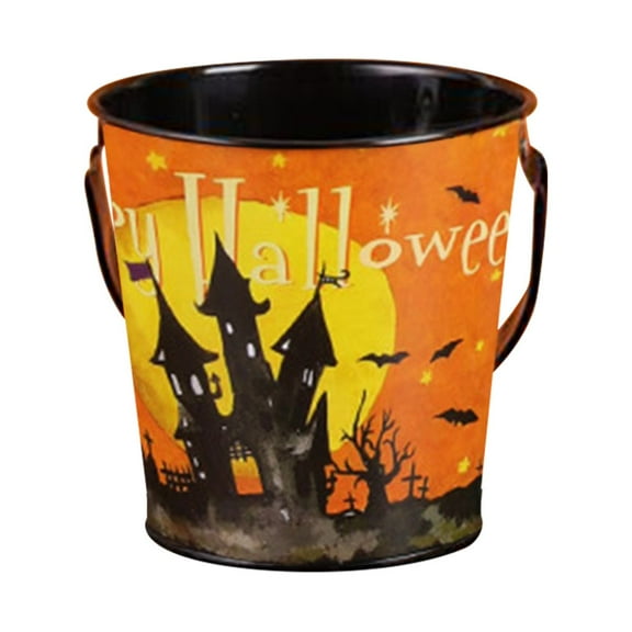 PEIBang Random Halloween Candy Bucket Iron Pumpkin Pail 3.94 in Height x 4.13in Width Carry Reusable Stackable Storage for Halloween Party Trick or Treat