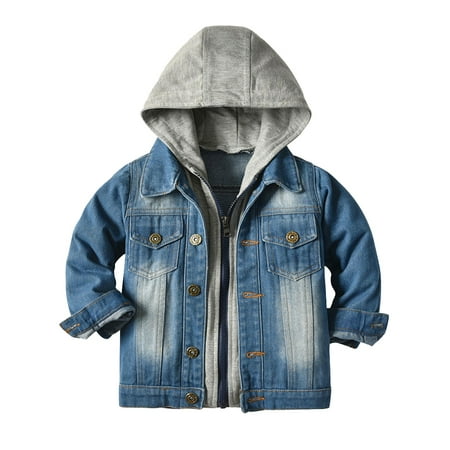 

IBTOM CASTLE Toddler Baby Boys Girls Denim Jacket Button Down Basic Ripped Hoodie Jeans Coat Cowboy Cowgirl Casual Outwear Western Clothes 3-4 Years Blue + Gray