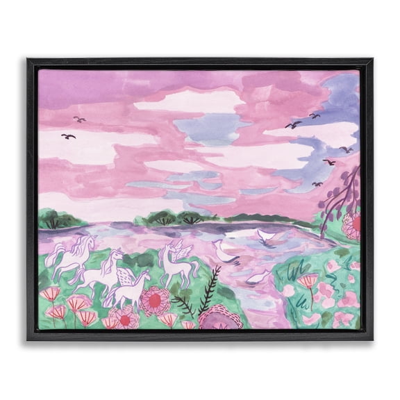 Stupell Industries Bohemian Pastel Unicorns Landscape Black Floating Frame Canvas Art, 21 x 17, by Melissa Wang