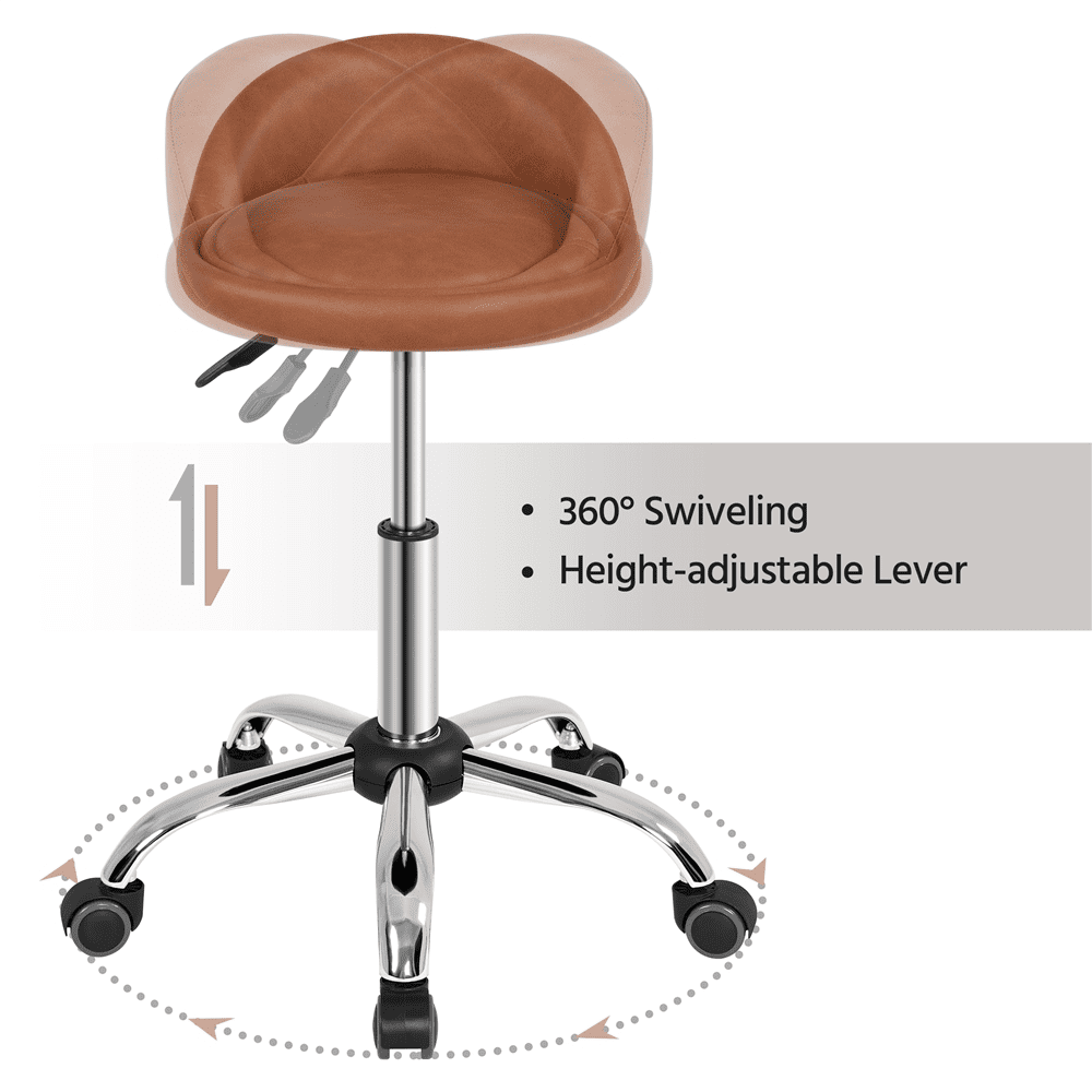 Alden Design Modern PU Leather Rolling Salon Stool with 5 Castors for Spa Massage Manicure, Brown