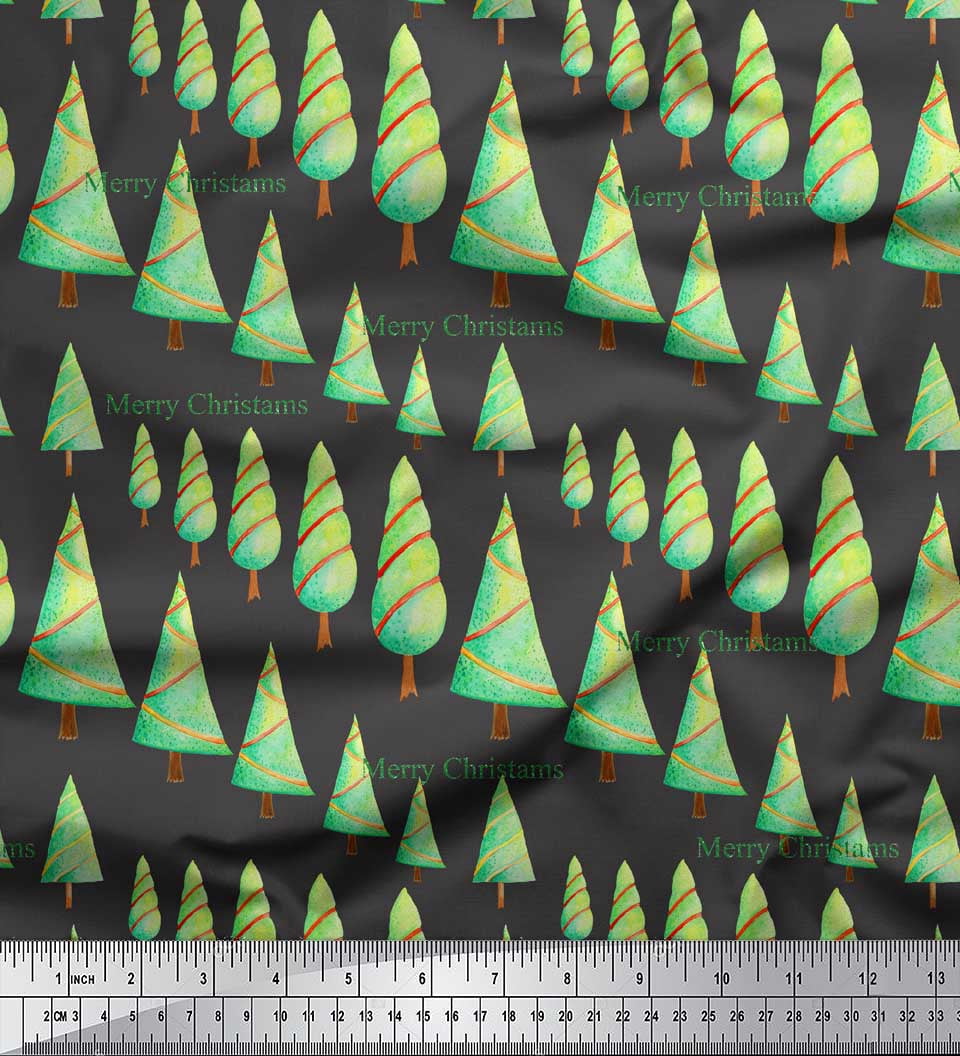 Soimoi Gray Cotton Voile Fabric Text & Christmas Tree Print Fabric by the Yard 56 Inch Wide