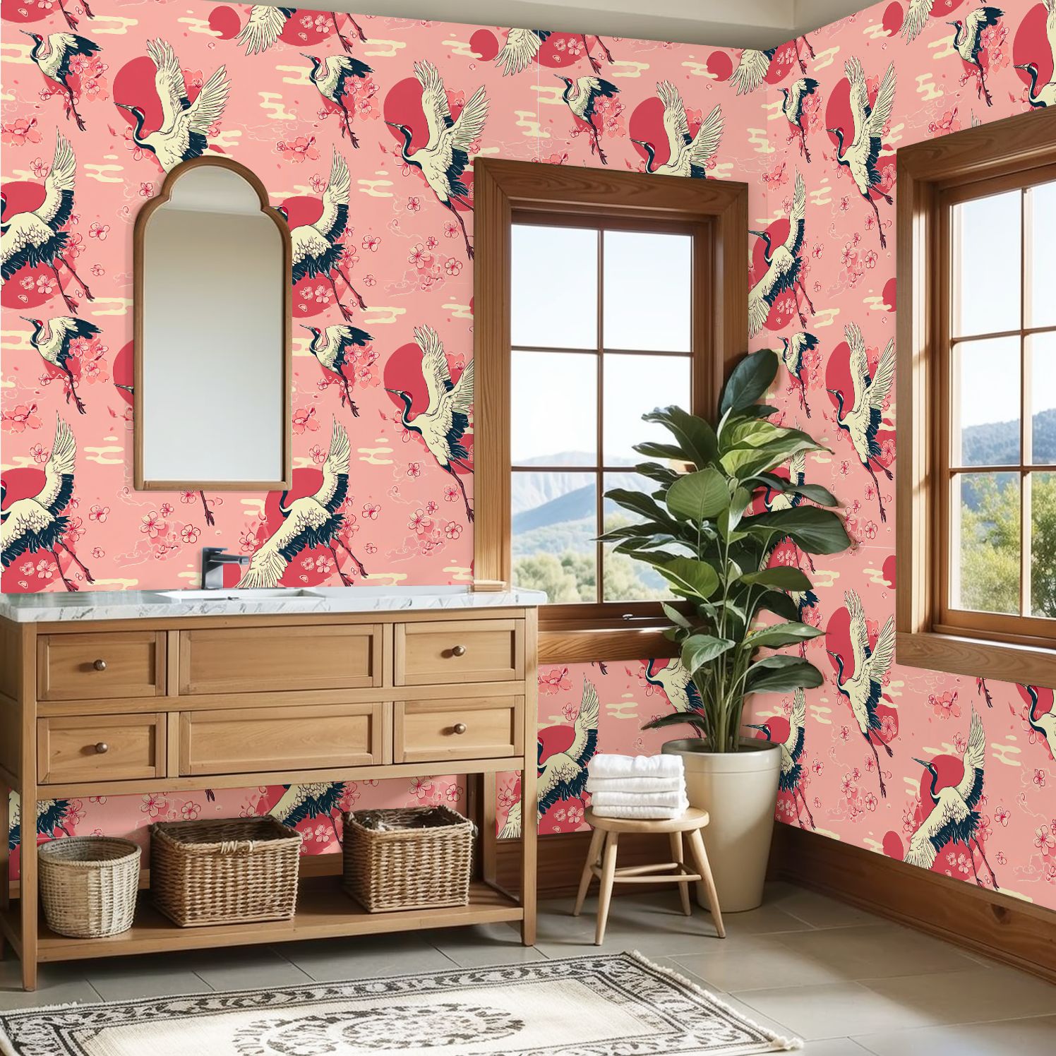 Crane Peel and Stick Wallpaper 23.6in x 9.8ft Cranes Cherry Blossoms Red Sun Retro Contact Paper Vinyl Waterproof Self Adhesive Wall Paper for Bedroom Shelf Cabinet Renter Friendly