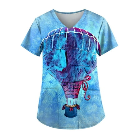 

TKing Fashion Women Plus Size Scrubs Top V-Neck Short Sleeve Flower Print Pockets Work Blouse for Women Blue M
