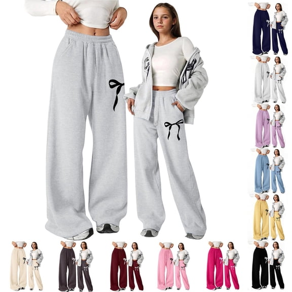 FUZHIQ Girls Bow Sweatpants Loose Fit Lightweight Straight Leg Sport Pants with Pockets Casual Joggers for Daily Wear