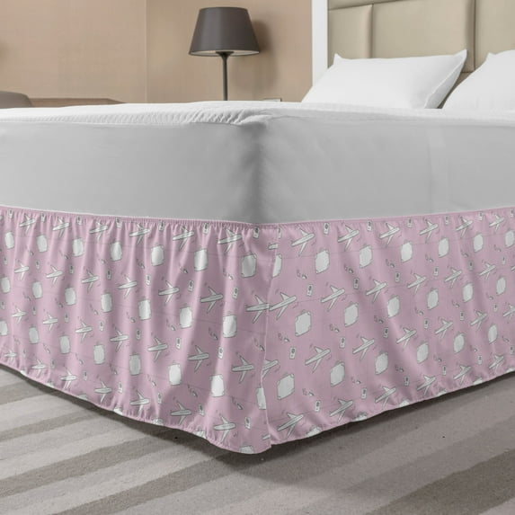 Travel Bed Skirt, Pastel Tone Scene of Luggage Suitcase Passport Playful Doodle Like Pattern, Elastic Bedskirt Dust Ruffle Wrap Around for Bedding Decor, 4 Sizes, Baby Pink and White, by Ambesonne