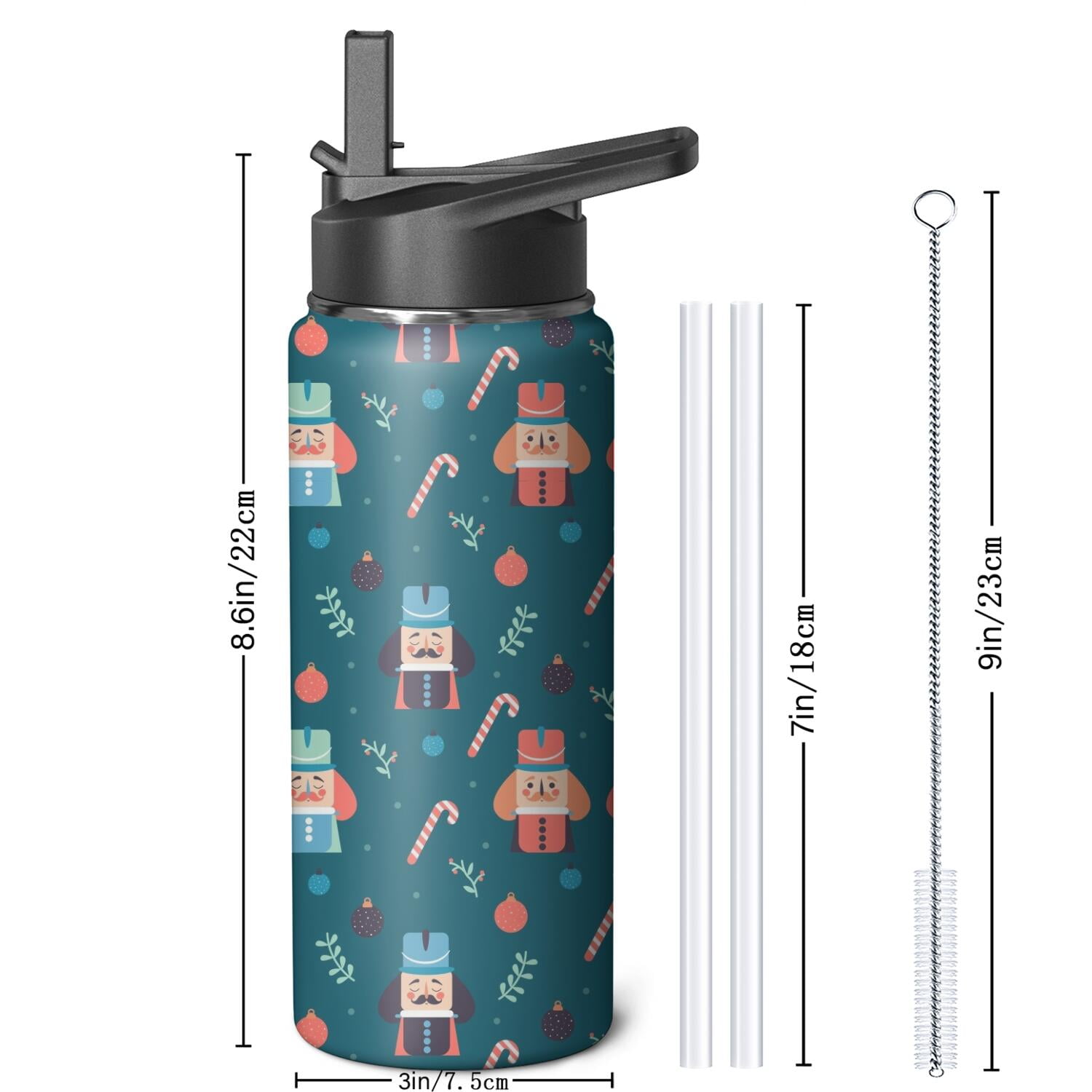 Christmas 18 oz Insulated Stainless Steel Water Bottle with Straw & Cleaning Brush , Leakproof, BPA-Free, 304 Stainless Steel, Wide Mouth, Travel Mug for Car, Gym, Office