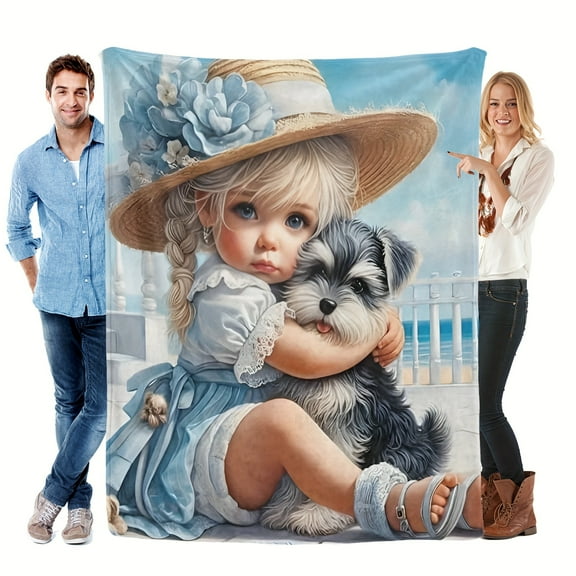 Warm Gift Little Girl And Puppy Cute Fun Print Flannel Blanket Soft Warm Cozy Skin-friendly Blanket For Sofa Bed Car Camping Office Home Decor Gift Blanket For All Seasons-Knit Fabric