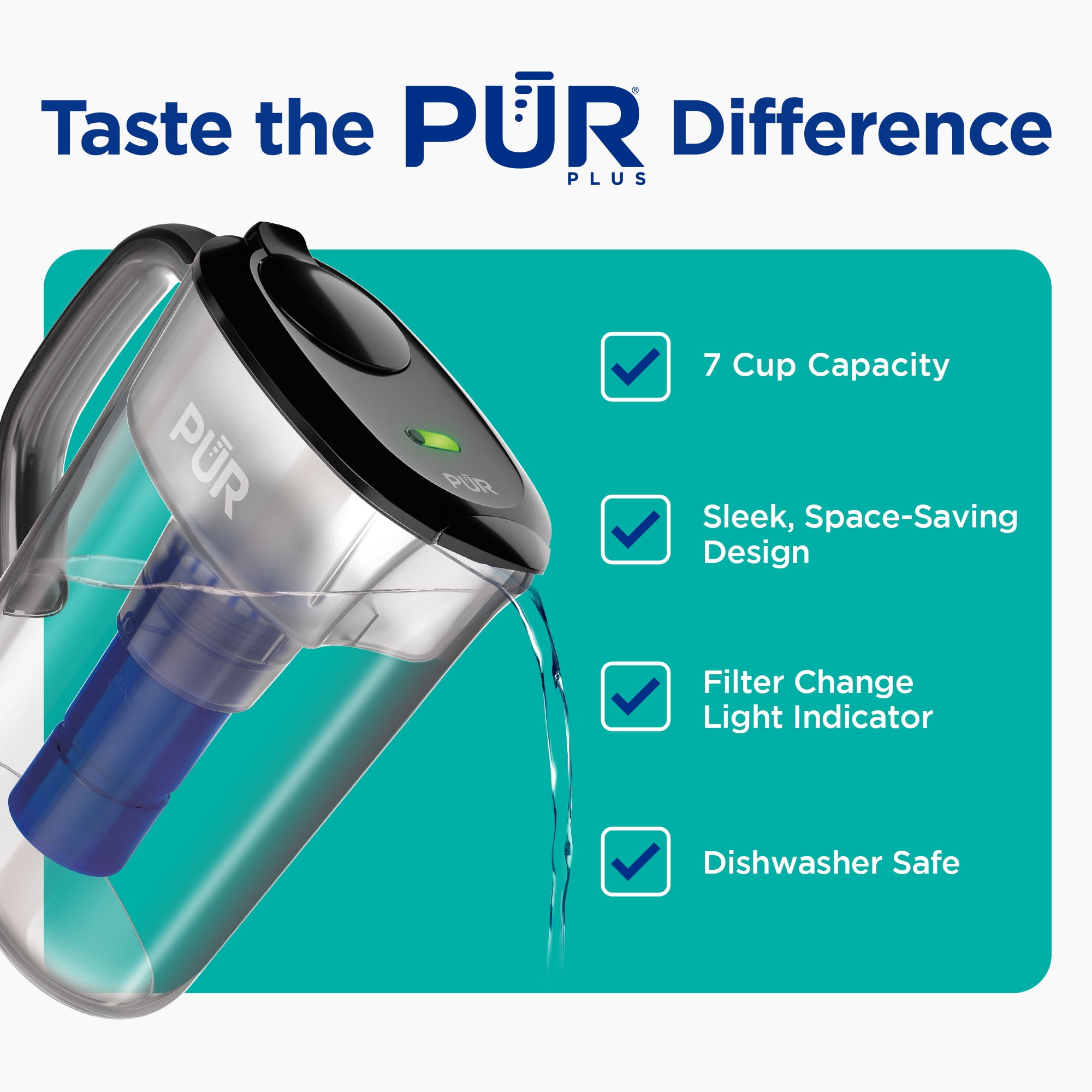 PUR PLUS 11 Cup Water Pitcher with Lead Reducing Filter, W 9.6" x H 10.1" x L 4.5", Smoke, PPT111BA