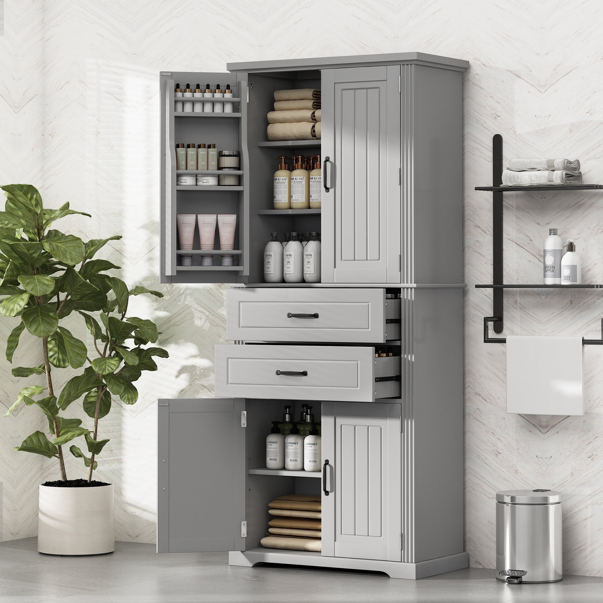 Mintazer 72.5" Freestanding Tall Bathroom Cabinet with 2 Drawers & Adjustable Shelves, Pantry Cabinet with Multi-Functional Storage Space for Bathroom Bedroom Laundry Room, Grey