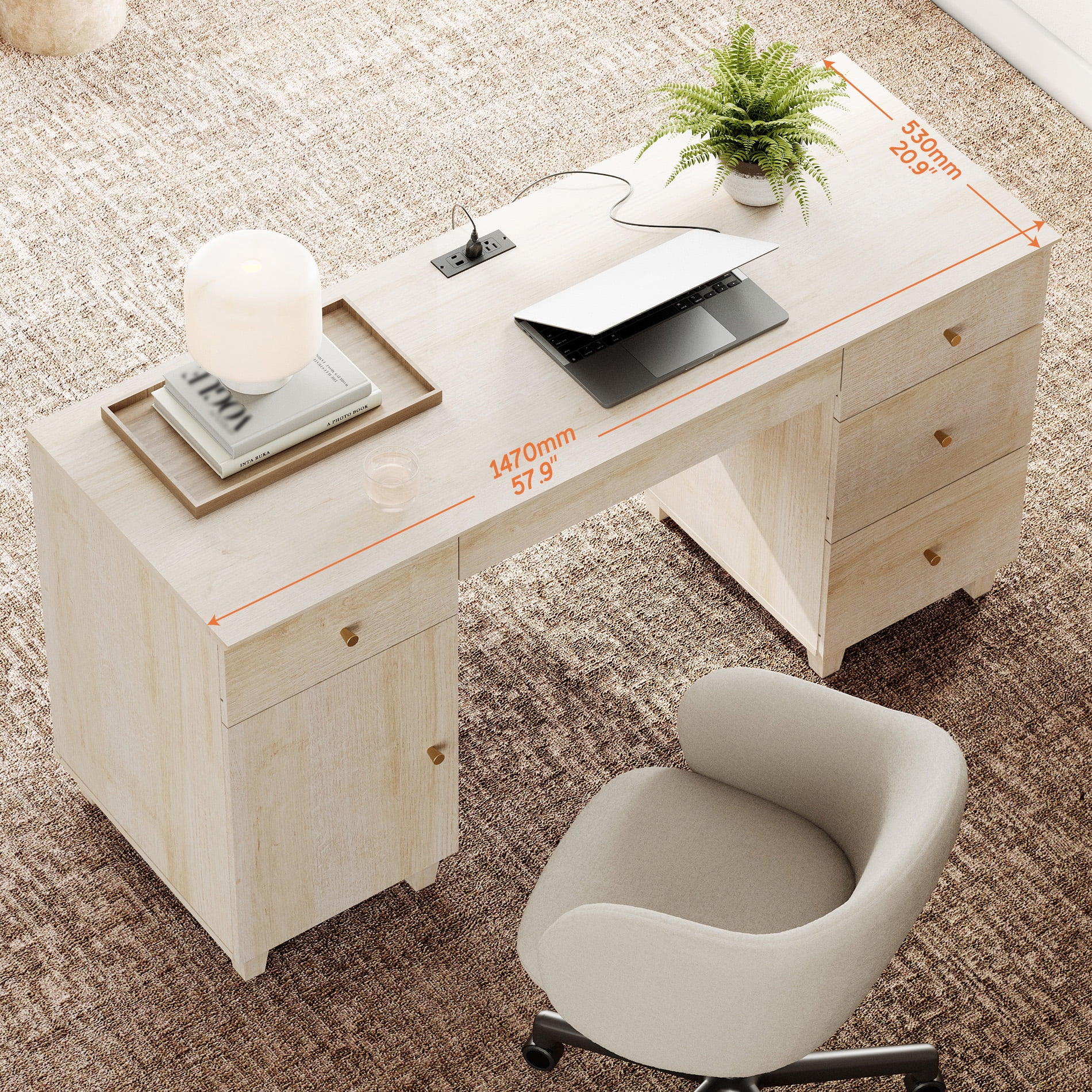 58" Executive Desk with 5 Drawers and 1 Door, Modern Farmhouse Home Office Computer Table with Charging Station, Light Oak