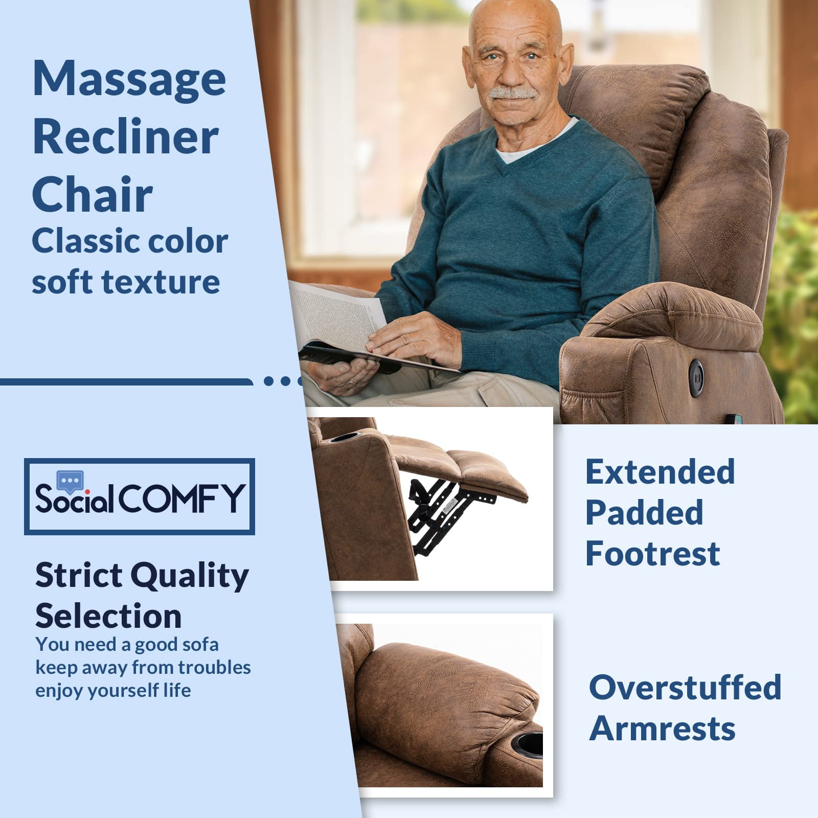 SOCIALCOMFY Manual Swivel Glider Rocker Recliner Chair with Heated Massage Ergonomic Lounge 360 Degree Swivel Sofa Seat with 2 Cup Holders, Side Pockets & USB Ports for Living Room, Brown