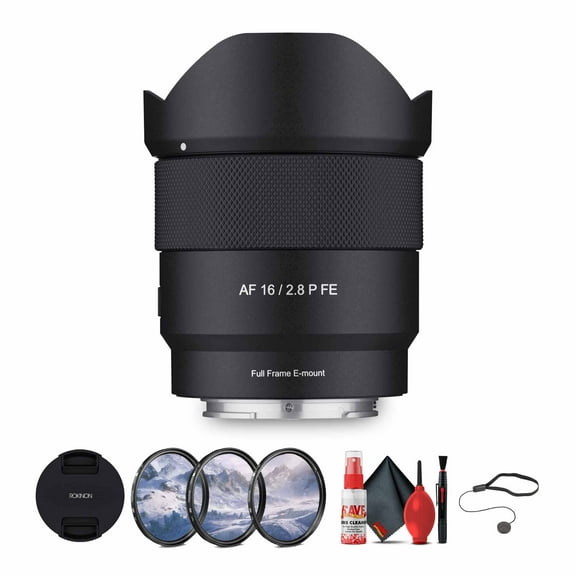 Rokinon AF 16mm f/2.8 P FE Lens for Sony E Bundle Including: 3-Piece Filter Kit, Lens Hoods, Cap Keeper, and Cleaning Kit