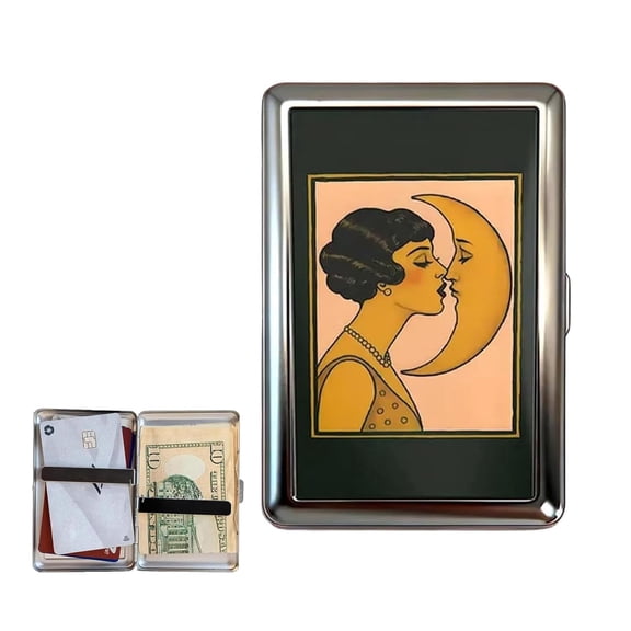 Vintage - Style Versatile Card & Cash Case With RFID Protection,  Durable Metal Wallet Blunt Case Blocking Card Holder for Women Men Credit ID Business Cards (Kissing Moon)