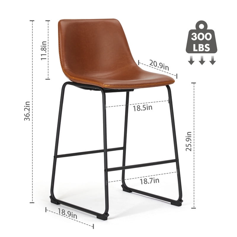 Gianna Counter Height Bar Stools Set of 2, Modern Faux Leather High Barstools with Back and Metal Leg, Bar Chairs for Kitchen Island, Brown