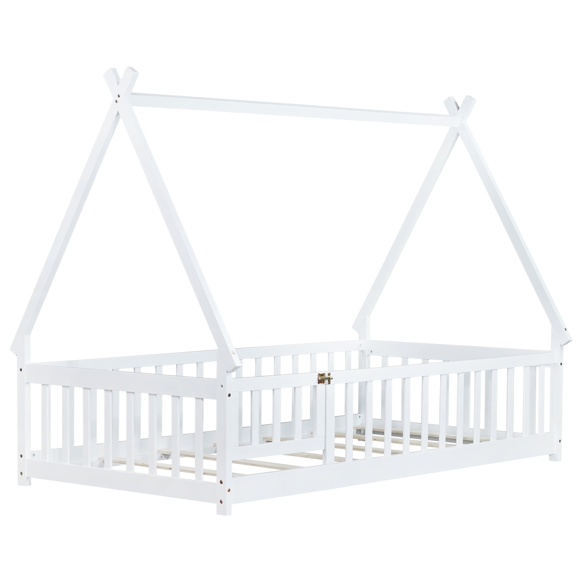Miniyam Twin Floor Bed for Kids with House Frame, Guardrails and Lockable Door, White