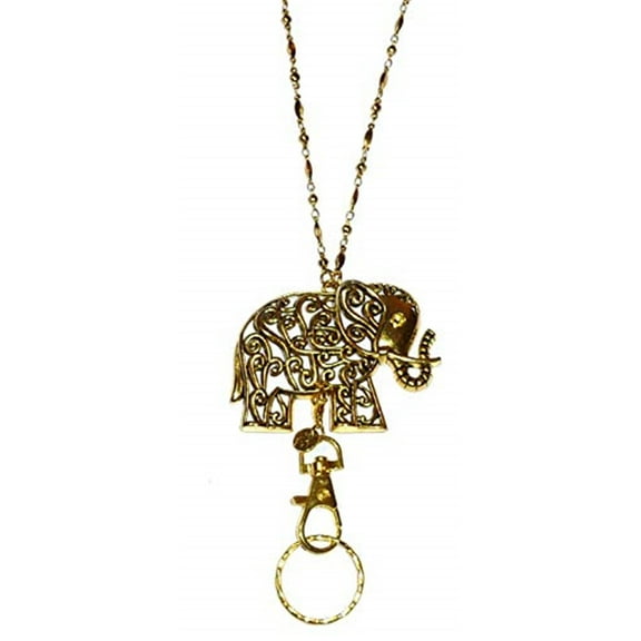 Hidden Hollow Beads Elephant Pendant Lanyard Necklace 34" long, Women's Fashion Chain Lanyard, For Keys, Badge ID holder. (Gold Elephant Breakaway - Safer)