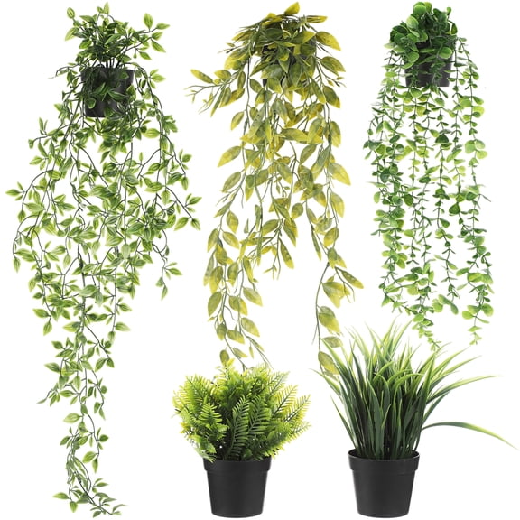 5 Pack Fake Hanging Plants, Artificial Hanging Plants with Pots, Potted Faux Plant for Shelf, Small Fake Plant Decor for Wall Home Room Office Indoor Outdoor Decoration