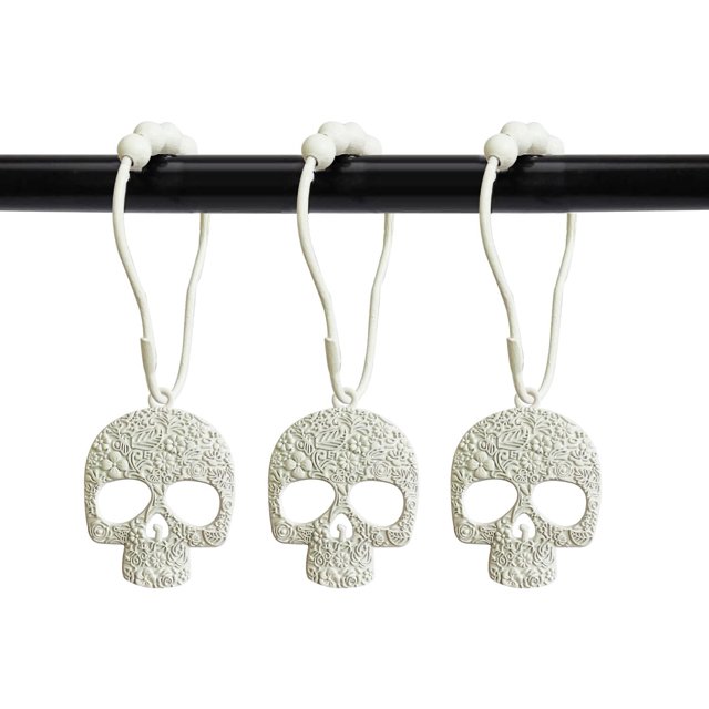 GFDYREE Set of 12 Sugar Skull Shower Curtain Hooks Decorative Home Bathroom Stainless Steel Rustproof Skeletons Shower Curtain Rings Decor Accessories (White)