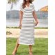 thumbnail image 4 of Vestido largo a rayas de verano para mujer 2024, manga corta informal, cuello en V, abertura lateral de punto suelta, 4 of 5