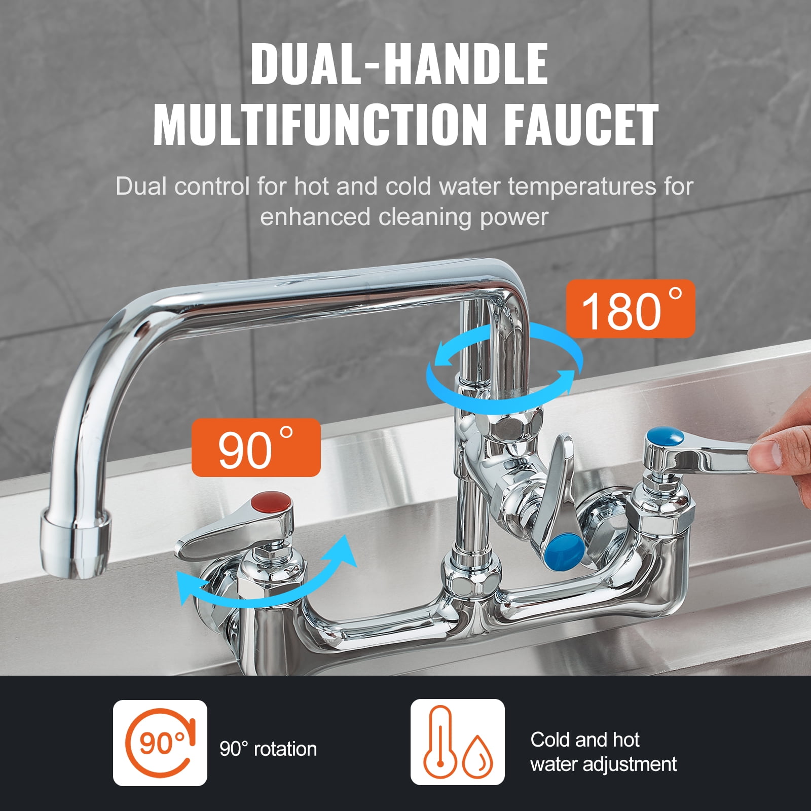 VEVOR Wall-Mounted Kitchen Faucet, 25" Tall, 8" Center Distance, 12" Rotatable Spout, Includes Pre-Rinse Spray, Brass Build, Pull-Down Feature, Suitable for Multi-Compartment Sinks
