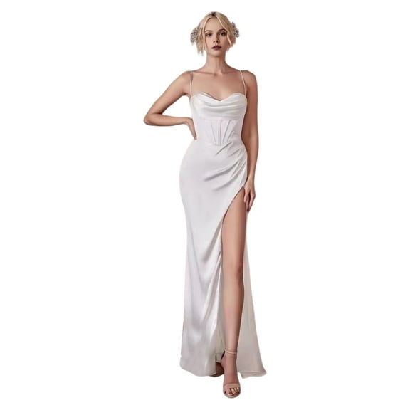 Women Evening Dress Spaghetti Strap Low-cut Off Shoulder Backless Sleeveless Slit Hem Pleated Maxi Dress Satin Wedding Banquet Ball Gown