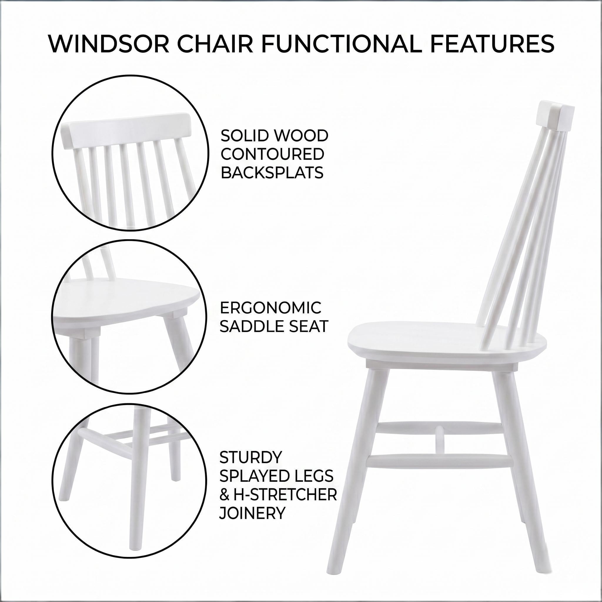 Windsor Dining Chairs Set of 2, Solid Wood Back Kitchen Chairs, Classic Farmhouse Dining Room Chairs for Kitchen, Dining Room, Living Room（White）