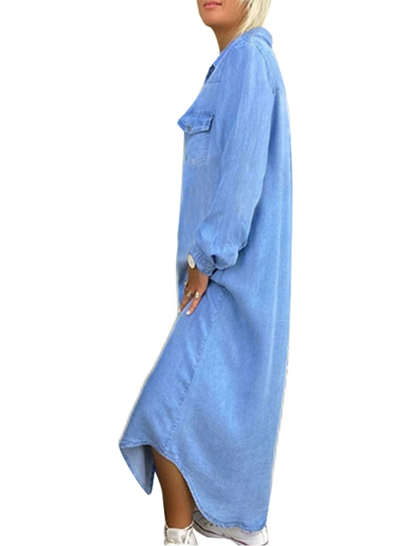Avamo Women Plus Size Long Sleeve Denim Dress Ladies Button Down Oversized  Kaftan Knee Length Dresses Autumn Winter Loose Dress Light Blue XL -  Walmart.com
