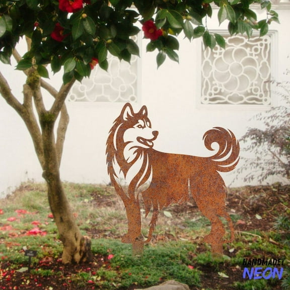 Handmadetneonsign Husky Sibir Dog Rusty Metal Stake, Dog Garden Stake, Yard Outdoor Stake Decor 046859