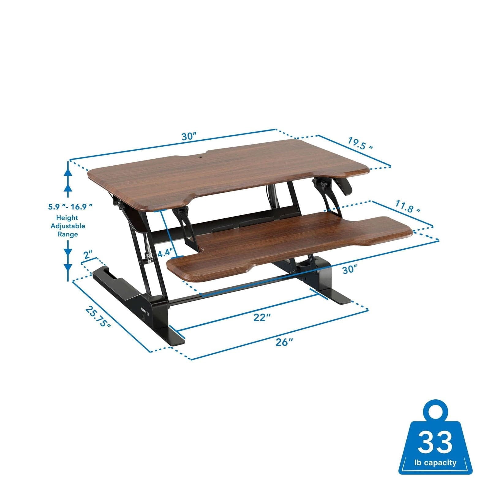 30'' Compact Standing Desk Converter – Height Adjustable Sit Stand Riser with Keyboard Tray, Gas Spring Lift – Ideal for Small Spaces, Home or Office, Dark Walnut